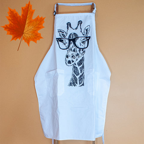 Kitchen Apron - Jerome the Giraffe - black print on white apron