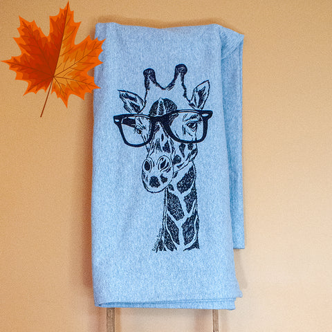 Fleece blanket - Jerome the Giraffe wearing glasses - black ink on grey