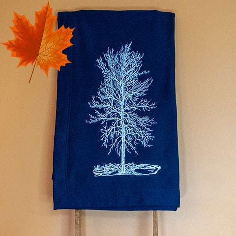 Fleece blanket - "Solitude" - single tree in winter - white ink on navy